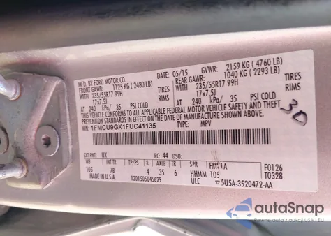 2015 Ford Escape Se из США, поврежденный, VIN 1FMCU9GX1FUC41135